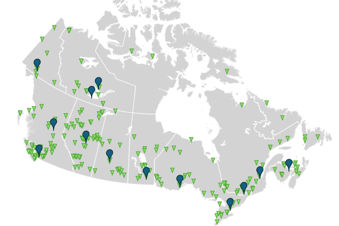 Map of Canada showing the location of in-person engagement events and the location of participating communities and organizations