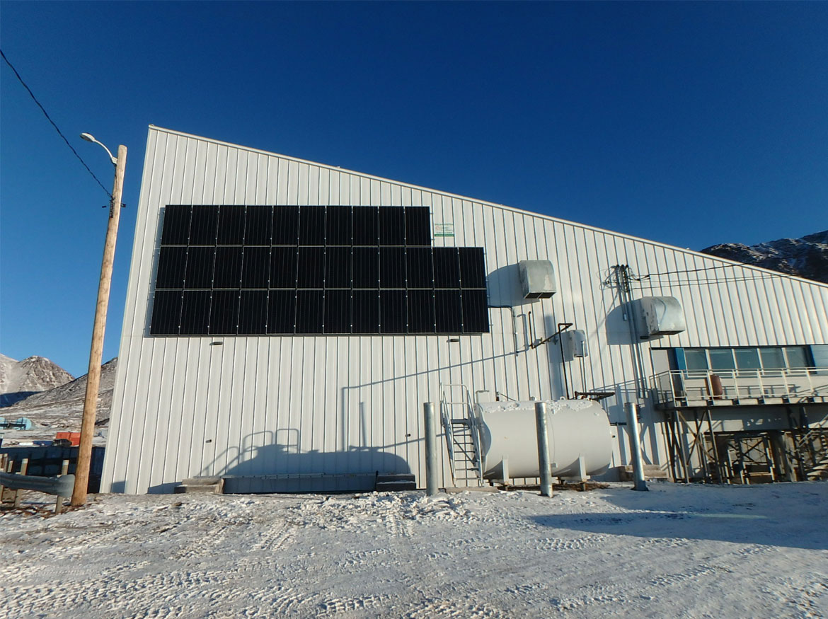 Wide shot of the finished solar panels on the side of the Community Hall.